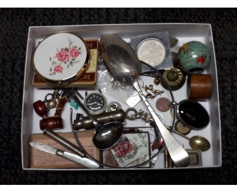 A box of assorted items including an 18th century silver spoon, other hallmarked silver comprising a propelling pencil and mo