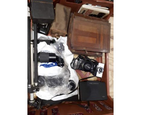 A crate of assorted cameras including a Minolta 5000, a Polaroid 101, an antique plate camera, lenses etc.