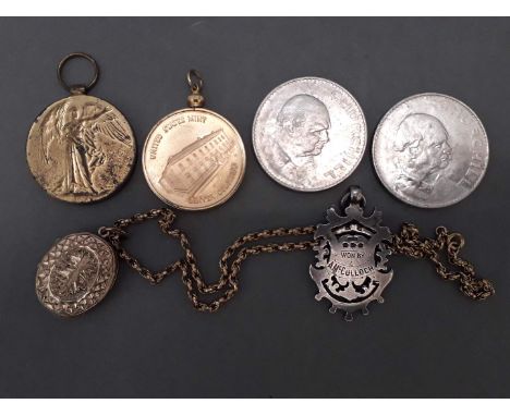 A mixed lot comprising a gold plated locket on chain, a WWI Victory medal awarded to 58807 PTE J WHITTLE NORTH'N R and a hall