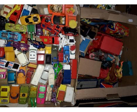 Two boxes of toys including Ghost Busters, RC mini, mixed die-cast, Corgi, Hotwheels and Matchbox etc. 