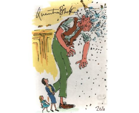 Quentin Blake, illustrator and children's writer. A signed official Roald Dahl BFG unused postcard. He has illustrated over 3