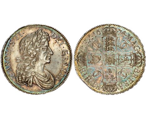 Third bust right, toothed border both sides, legend surrounding, CAROLVS II DEI GRATIA. Rev, crowned cruciform shields, inter