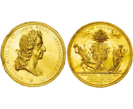 (48.6 mm. 61.07gm). Laureate and draped bust of William right, GULIELM II DG BRITANN R RELIG LIBERTATISO RESTITUT, rev. James