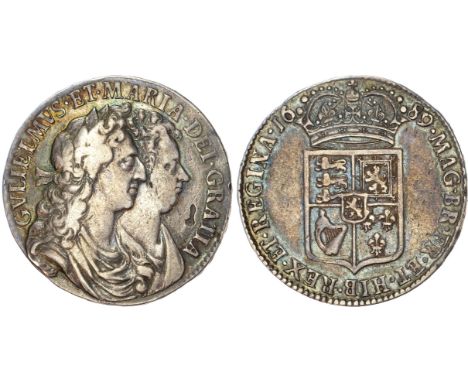 William and Mary (1688-1694), Halfcrown, 1689 PRIMO, conjoined and draped busts right, rev. first shield, caul only frosted, 