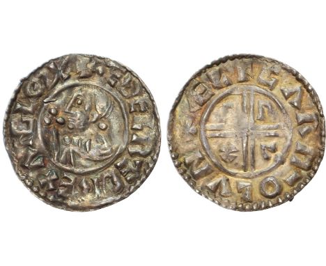 c. 991-997, London mint - moneyer Aelfgar, Draped bust left holding sceptre, +ÆÐELRED REX ?NGLO, rev. Voided cross with C R V