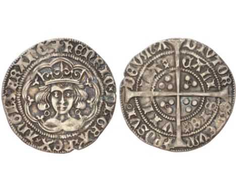 Mint - Calais, mm. pierced cross. Struck 1422-1430. Crowned facing bust within tressure of arches; trefoils at cusps, annulet