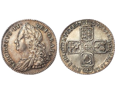 Old laureate and draped bust left, legend surrounds GEORGIVS II DEI GRATIA. Rev, crowned cruciform shields, garter star at ce