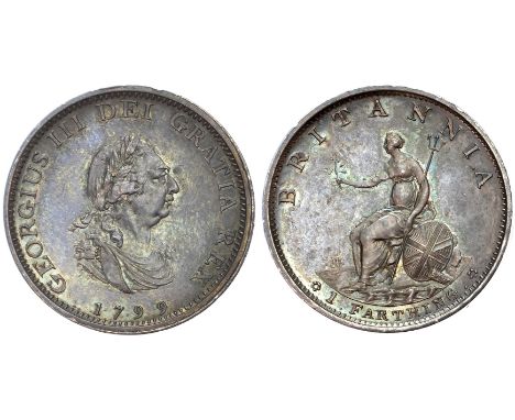 George III (1760-1820), Proof Farthing, 1799, struck in silver, laureate and draped bust right, tiny dot on shoulder on raise