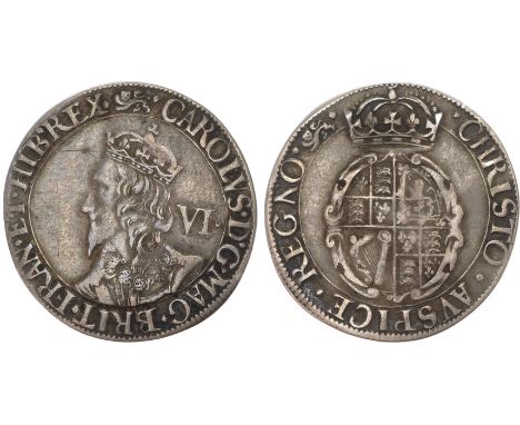 mm: Lion -1642/1644, Type 1. Crowned bust left, VI behind, rev. Crowned oval, garnished arms, Maid of Erin harp, 2.94gm. (Bro