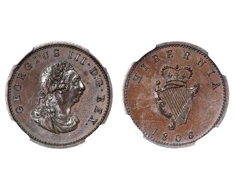 Laureate and draped bust right. Rev, crown over harp, date below, no stop after HIBERNIA, edge engrailed (S. 6622). In NGC ho
