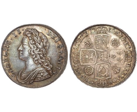 Young laureate and draped bust left. Rev, crowned cruciform shields, ten strings to harp, roses and plumes in angles, garter 