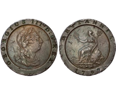 Laureate and draped bust right. Rev, Britannia seated left on rock with shield, holding trident and olive branch, ship to lef
