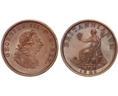 George III (1760-1820), Pattern Farthing, 1805, in copper, by W J Taylor, O over R in GEORGIVS, laureate and draped bust righ
