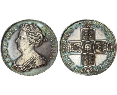 Second draped bust left, toothed border surrounding both sides, legend reads ANNA DEI GRATIA. Rev, crowned cruciform shields,