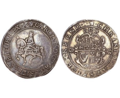 Mintmark harp (1632-33) both sides. The King on horseback left, shouldering sword, plume to head, CAROLVS . DG : MAG : BRIT :