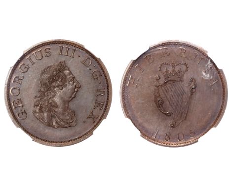 Laureate and draped bust right, toothed border both sides. Rev, crowned harp, date below, edge engrailed (S. 6621). In NGC ho