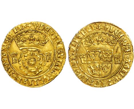 Crowned double rose, crowned h K beside, legend surrounds HENRIC VIII RVTILANS ROSA SINE SPIA. Rev, crowned shield, crowned h