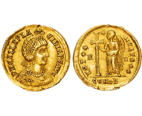 DN GALLA PLA-CIDIA P F AVG, diademed, draped and cuirassed bust of Galla Placidia right, wearing a necklace of pearls and wit