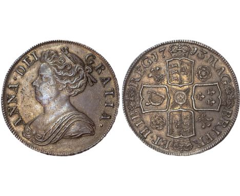 Anne&nbsp;(1702-1714), Post-Union, Crown, 1713 DVODECIMO, Roses and Plumes, third draped bust left, rev. crowned shields cruc