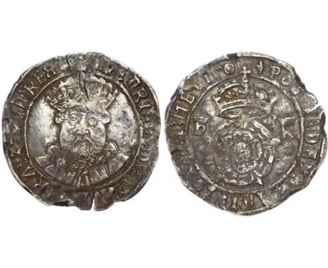 Crowned bearded bust of King facing wearing mantle with collar of fur, beaded linear circles both sides, mintmark lis Latin l