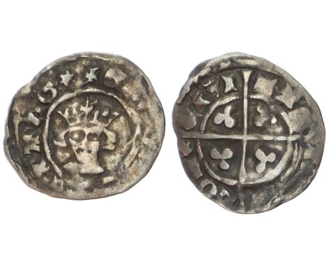 Second Coinage (1335-1343), crowned facing head, +EDWARDVS REX ANG, rev, Long cross pattée with trefoil in each angle, CIVITA