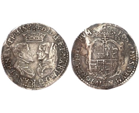 Wire line circles both sides, busts face?to?face, Philip on left, Mary to the right, crown above, legend surrounds PHILIP ET 