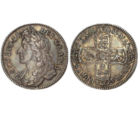 First laureate and draped bust left, legend surrounds IACOBVS II DEI GRATIA. Rev, crowned shields cruciform, six strings to I