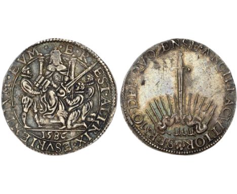 Elizabeth enthroned presents sword to two deputies, Earl of Leicester stands to left, E R EST ALTRIX ESVRIENTIVM EVM. Rev, a 