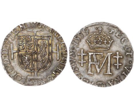 Crowned arms of Francis (as Dauphin) and Mary over cross potent, FRAN ET MA DEI G R R SCOTO D D VIE N. Rev, large FM monogram