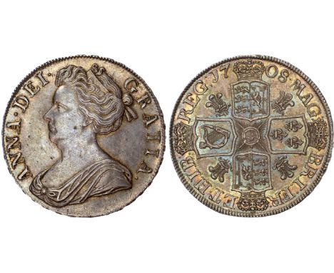 Anne (1702-1714), Crown, 1708, SEPTIMO, plumes, second bust left, reverse crowned cruciform shields, plumes in angles, nine s