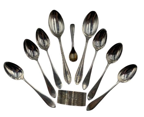 Set of six silver teaspoons by W H Haseler Ltd, Birmingham 1923, two further silver teaspoons, silver serviette ring and silv