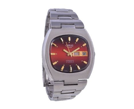 Oris, Star, a stainless steel bracelet wristwatch, automatic movement, 21 jewels, cal. 648, red dial, applied pointed baton a