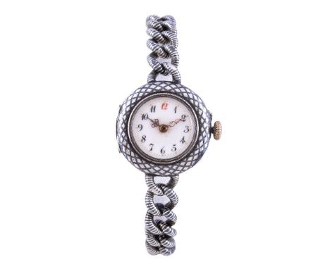 A lady's niello work bracelet wristwatch, no. 74765, manual wind movement, white dial, Arabic numerals, fancy hands, snap bac