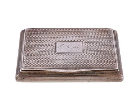 An early Victorian silver rectangular snuff box by Thomas Shaw, Birmingham 1838, engine turned to cover and base, engraved W.