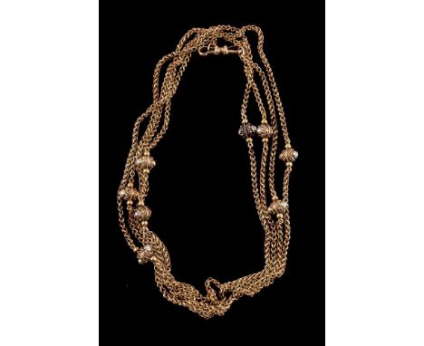 A late Victorian fancy link long chain, circa 1890, the reeded belcher links with spherical half pearl set spacers with ropet