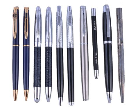 A collection of pens, to include: Louis Codan, a black rollerball and ballpoint pen, the rollerball cap with clip and engine 