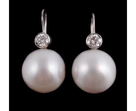 A pair of South Sea cultured pearl and diamond earrings, the 1.7cm South Sea cultured pearls each set below a brilliant cut d
