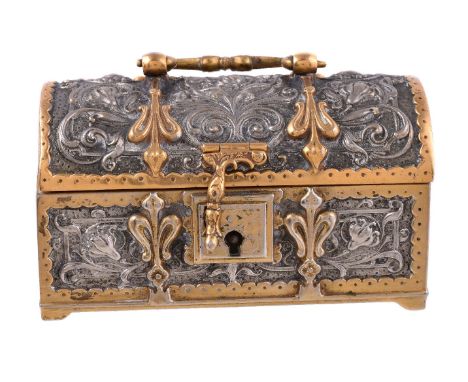 A German electro-plated parcel gilt small casket, stamped G. G. Leykauf, Nurnberg, early 20th century, with a scroll bale han