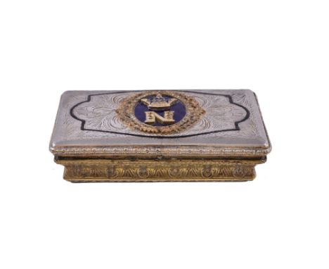 A French silver on brass table snuff box, 19th century, the cover applied with the letter N beneath a crown on blue enamel, i