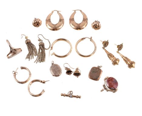 A collection of antique gold coloured jewellery, to include a 9 carat gold hardstone swivel fob; a pair of hooped earrings st