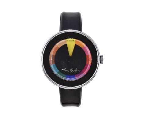 Tian Harlan, Chromachron, a black acrylic wristwatch, circa 1975, manual wind movement, twelve coloured segment dial, rotatin