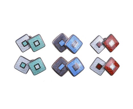 A pair of Latin Script cufflinks by Fiona Rae, the squared panels with light blue and grey enamelled decoration, Birmingham h