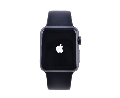 Apple, iWatch Sport, an aluminium smart wristwatch, on a black rubber strap, accompanied by an Apple box, charging cable, ins