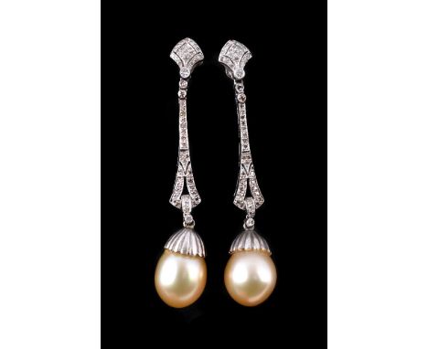 A pair of South Sea cultured pearl and diamond ear pendants, the 1.2cm South Sea cultured pearls set below an articulated sur