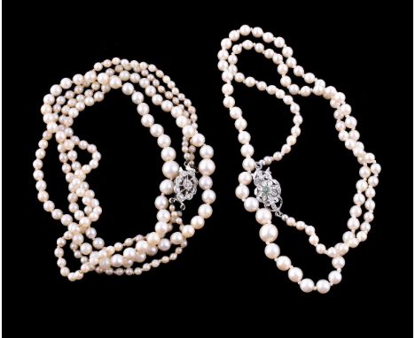 A two strand cultured pearl necklace, the graduated cultured pearls measuring 2.5mm to 6.9mm diameter on knotted strands, to 