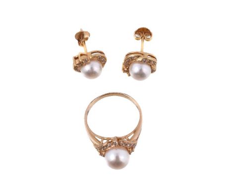 A pair of cultured pearl and diamond earrings and dress ring, the earrings each centred with a cultured pearl, within a diamo