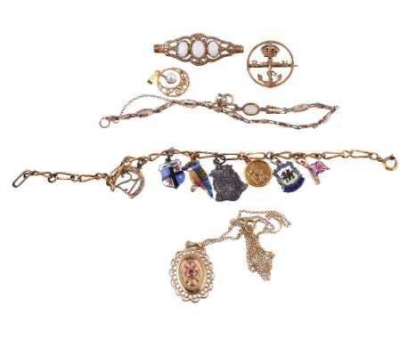 An opal bracelet, set with oval cabochon opals, stamped 375, 17.5cm long; an opal brooch; and other items