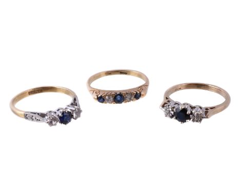 A sapphire and diamond ring, set with circular cut sapphires and old cut diamonds, finger size N; and two further rings