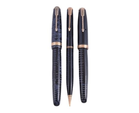 Parker, Vacumatic, a blue striated fountain pen, the cap with a gilt metal arrow clip and cap band, plunger filling system, u