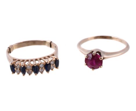 A sapphire and diamond ring, set with alternating marquise cut sapphires and eight cut diamonds, finger size M 1/2; and a syn